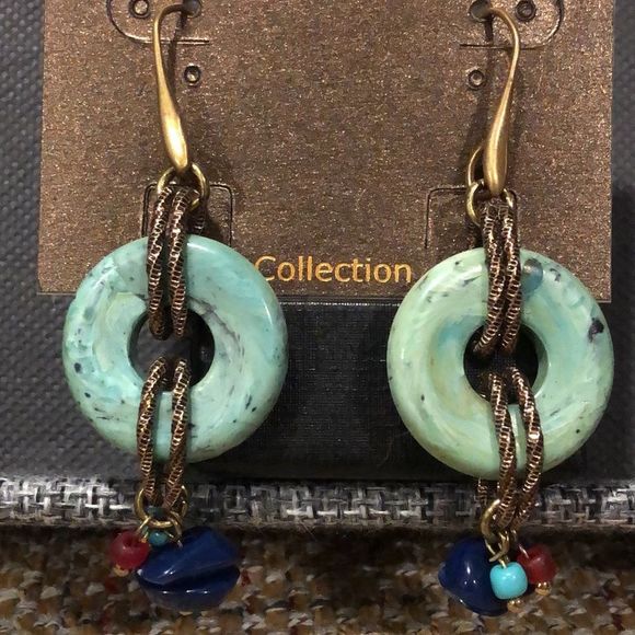 TRESKA Modern Abstract Metallic Multicolor Round Dangle Drop Earrings NWT - Picture 2 of 4